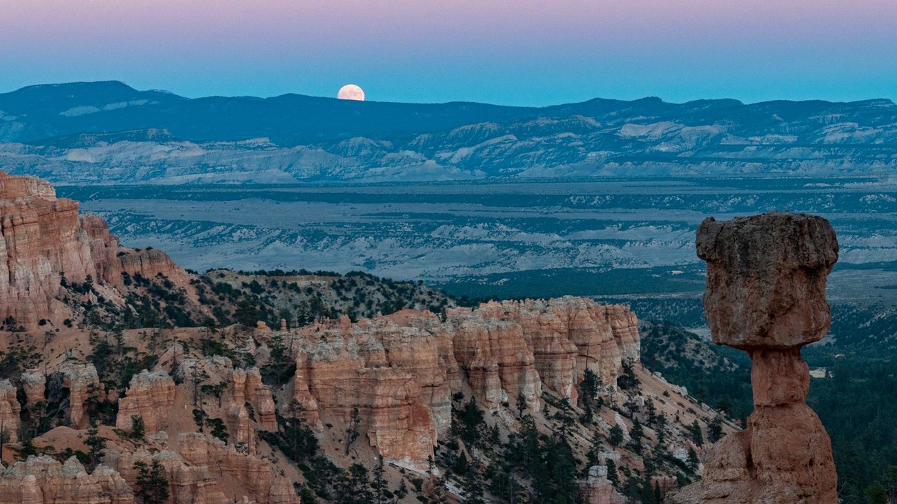 A full moon rises in a blue and purple sky over the red rock canyon.