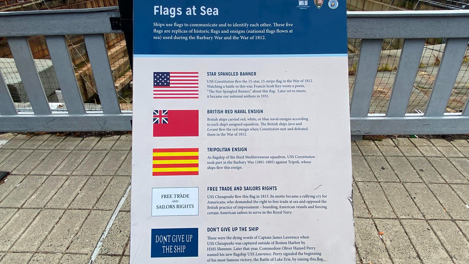 wayside describing five different sea flags 