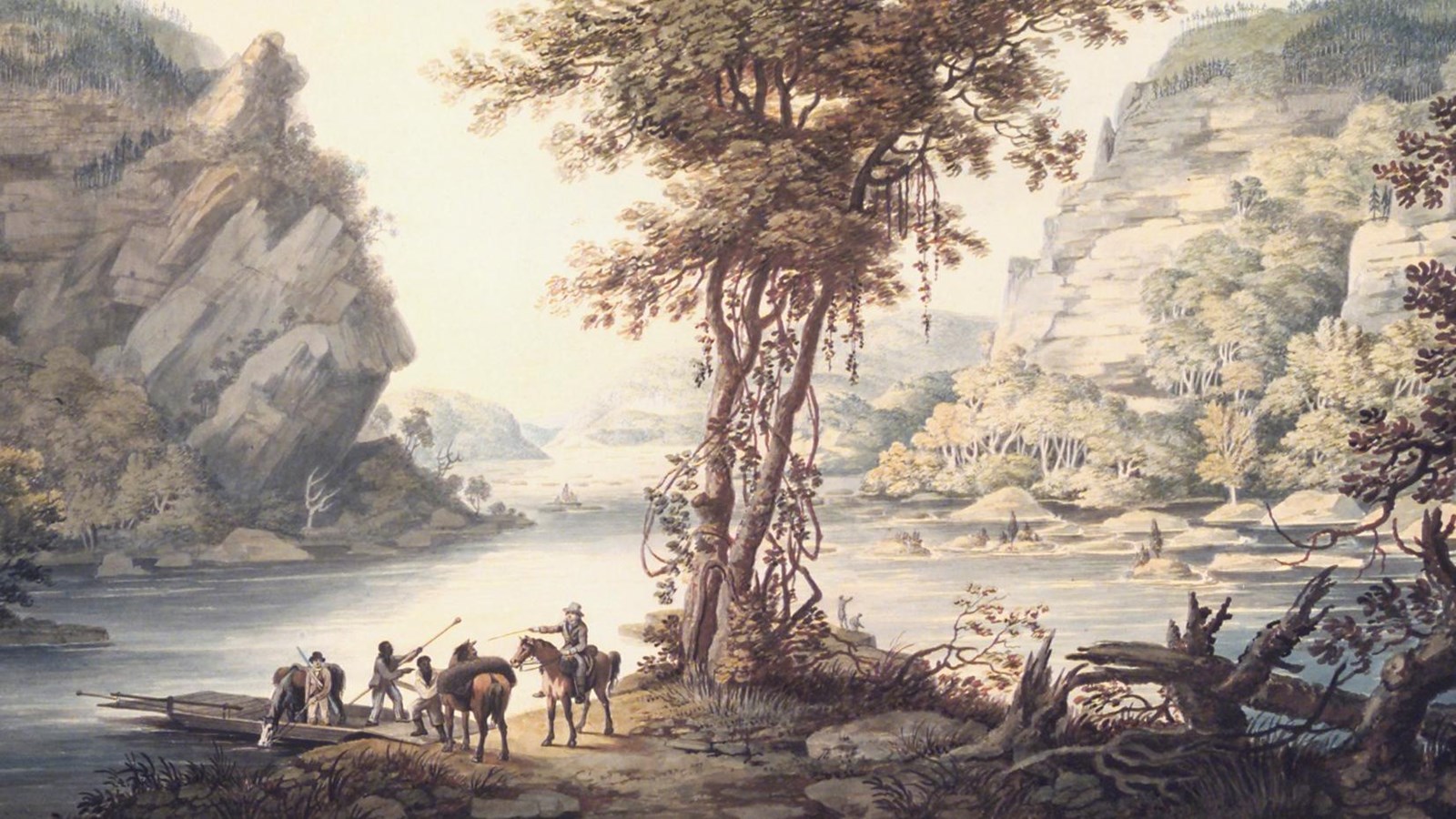 Scenic painting of two rivers meeting. There is a small wooden ferry with mules and workers.