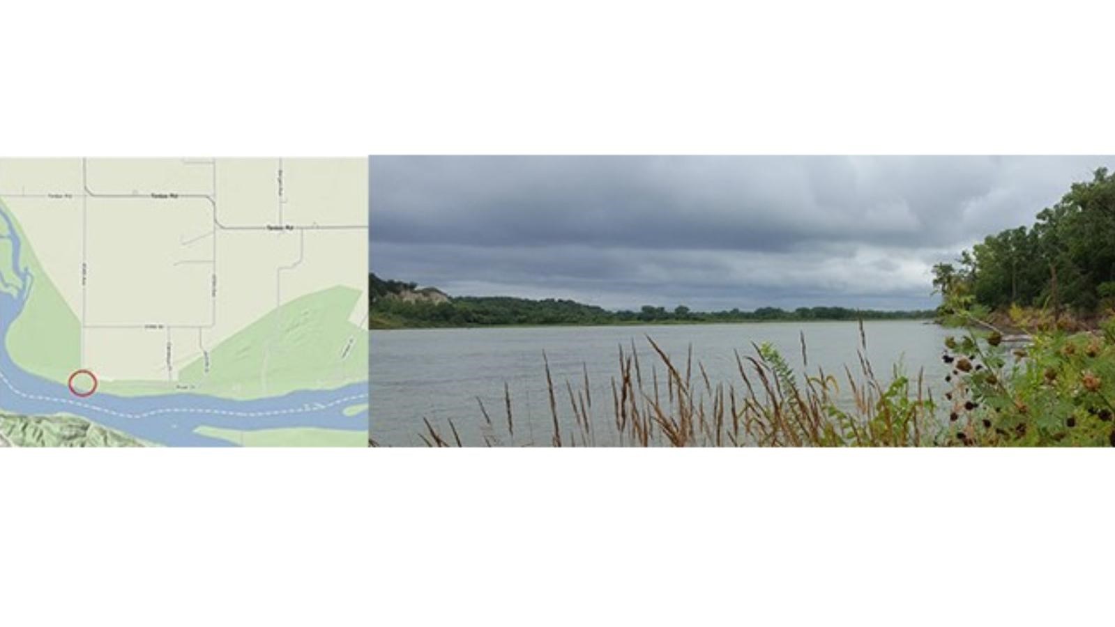 Aerial map of river access at Myron Grove. View of the river from Myron Grove with grass on the bank