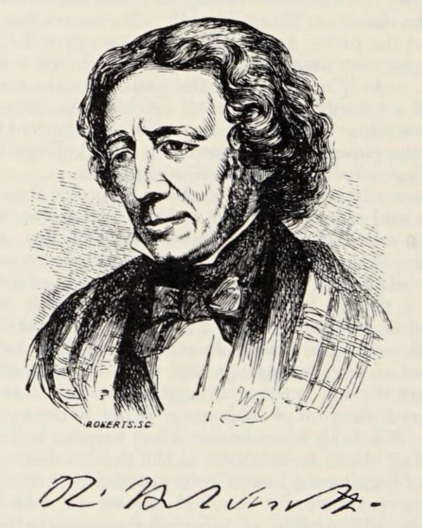 Print sketch of a portrait of a man with wavy hair and wearing 1800s clothing with a tie. 