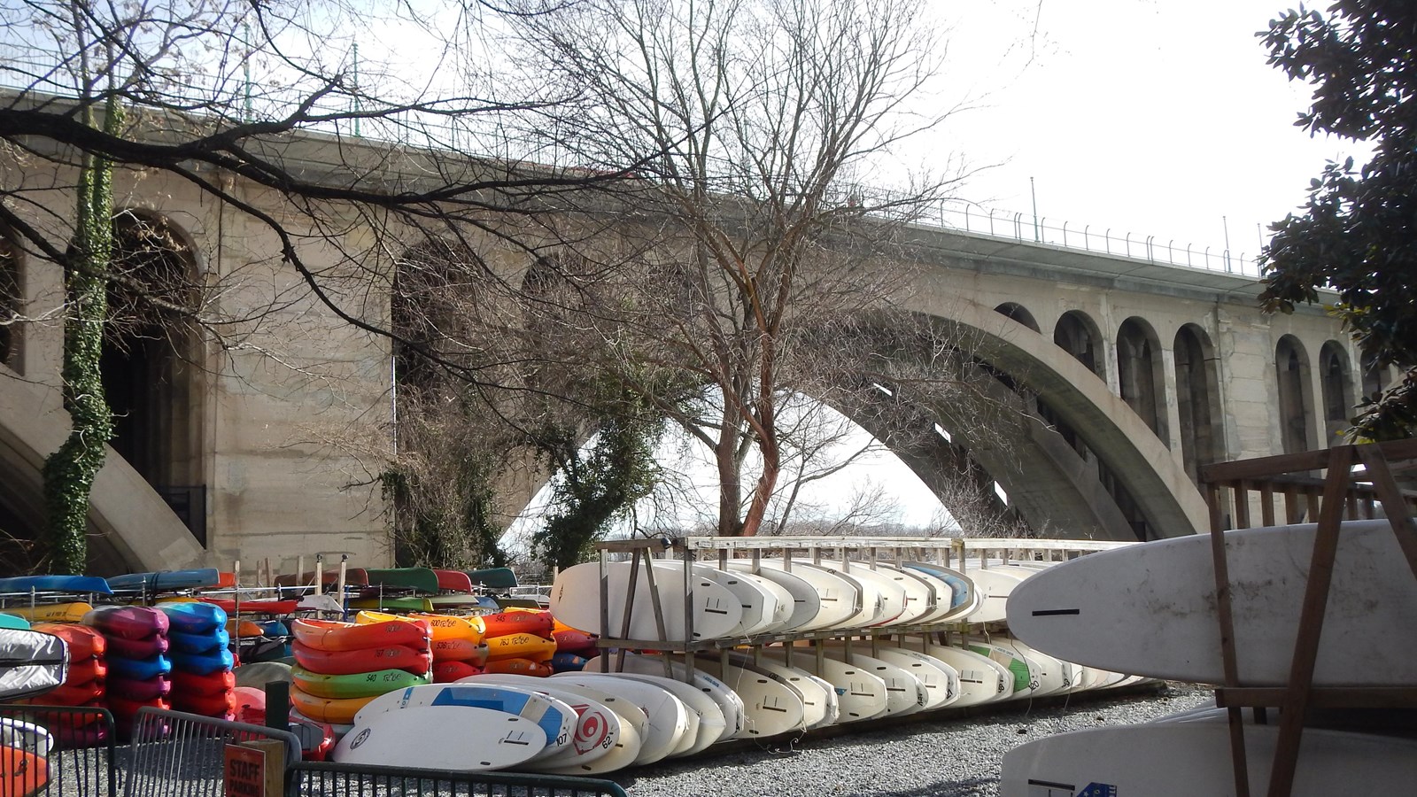 rows of paddle boards and stacks of kayaks beneath Key Bridge
