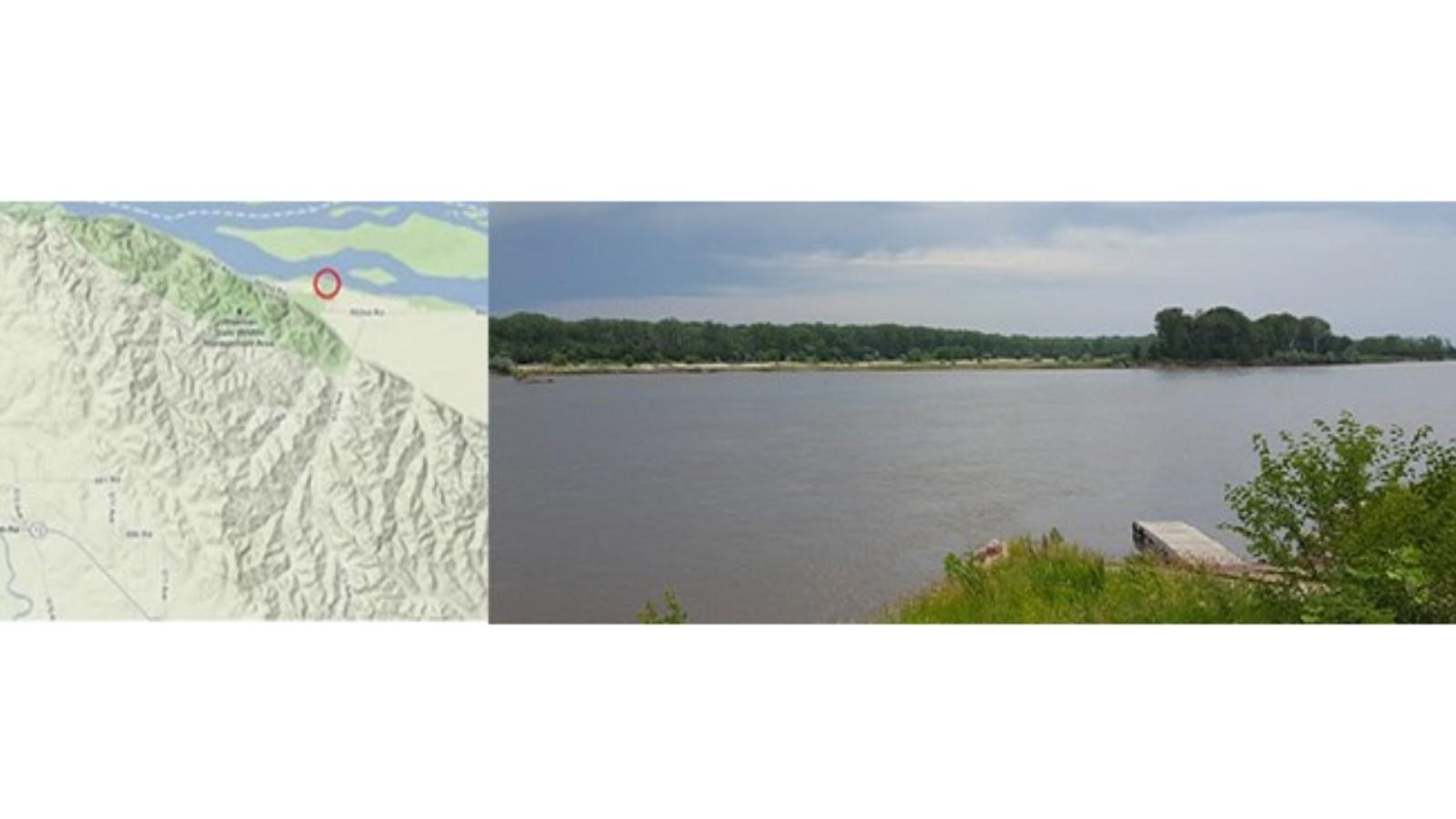 Aerial map of Brooky Bottom river access. Looking across the Missouri trees visible on other bank. 