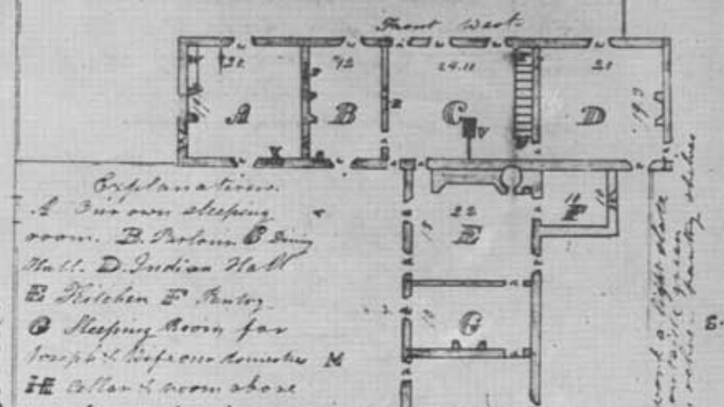 Handwritten floorplan with rooms labeled and notes about the house