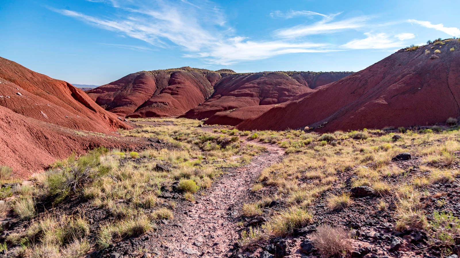 Dirt trail between red badlands with blue sky above.