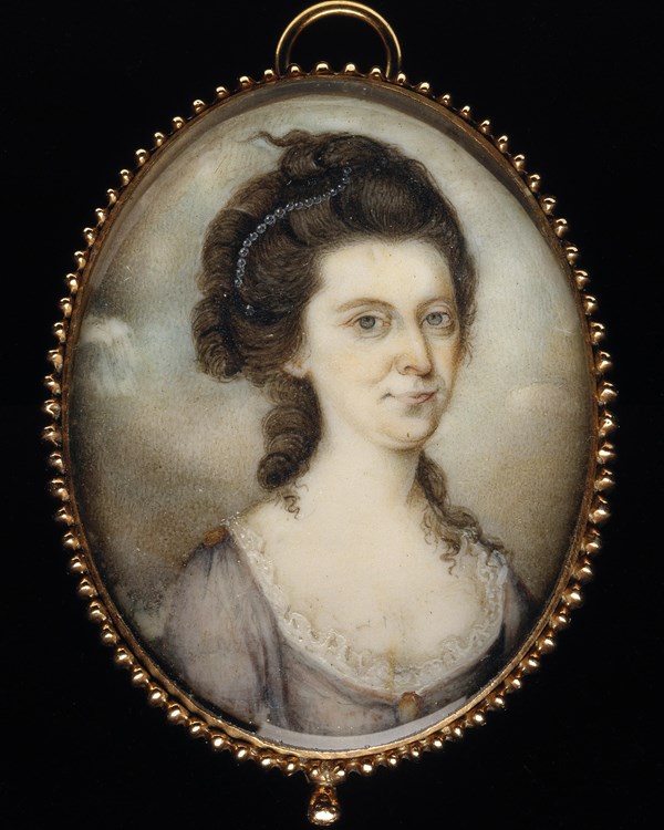 Miniature portrait of Rachel Revere in an small oval ornamental frame.