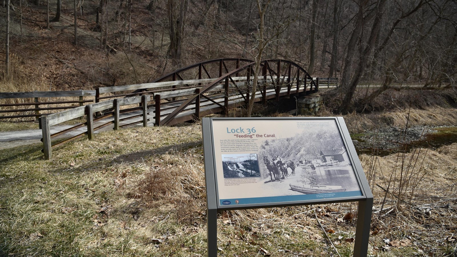 A graphic panel with a brown, arched metal footbridge over a watered channel in the background.