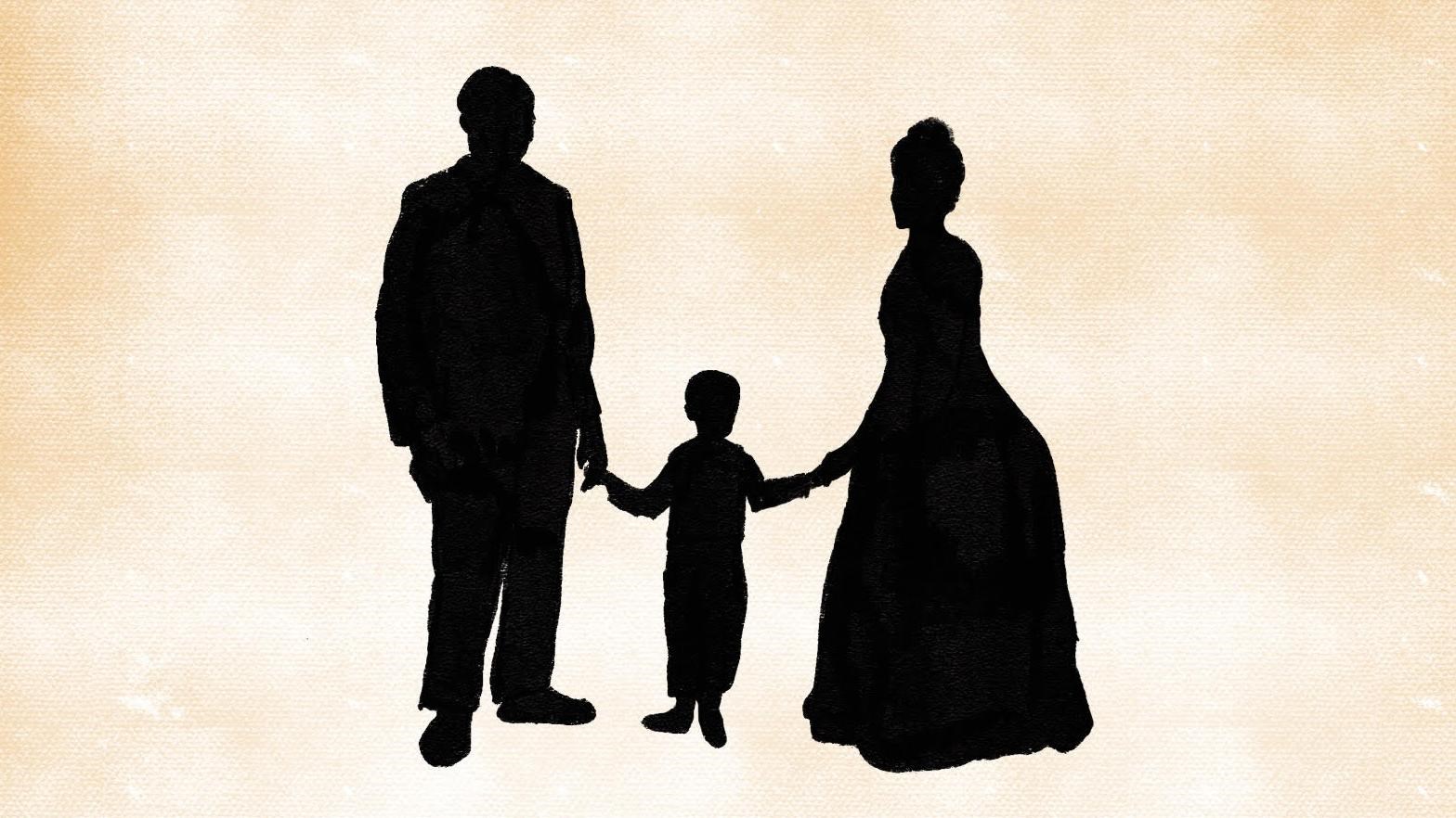 Three silhouettes stand in a row holding hands, depicting a family with a mother, father, and son.