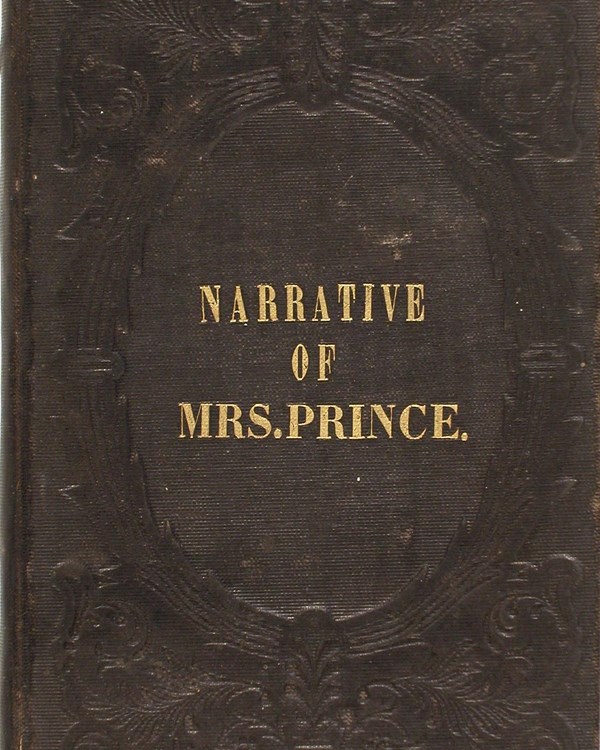 Brown cover of a book with the title "Narrative of Mrs. Prince"
