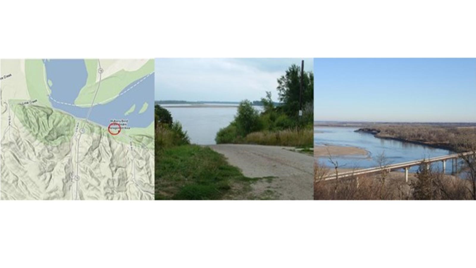 Aerial map of river access point and boat ramp of river access point from different perspectives. 