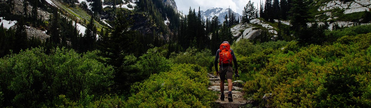 A hiker walks up the trail in a mountain canyon.