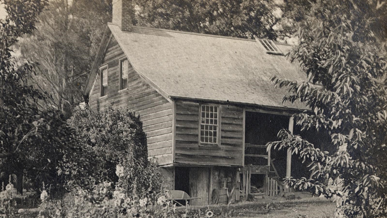 A single story clapboard building nestled among trees.
