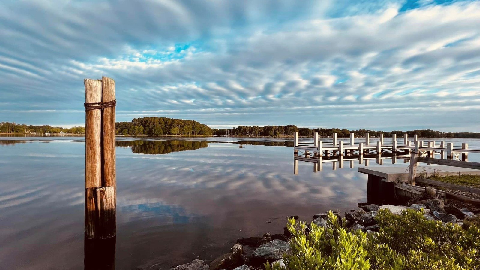 A calm lake scene with wooden post, dock pilings, trees, and cloudy sky reflected in the water.