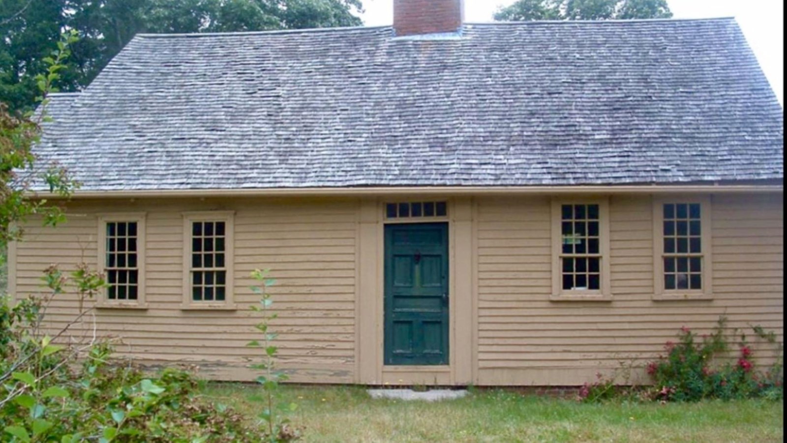 A brown Cape Cod-style home with cedar shake roofing and a green front door.