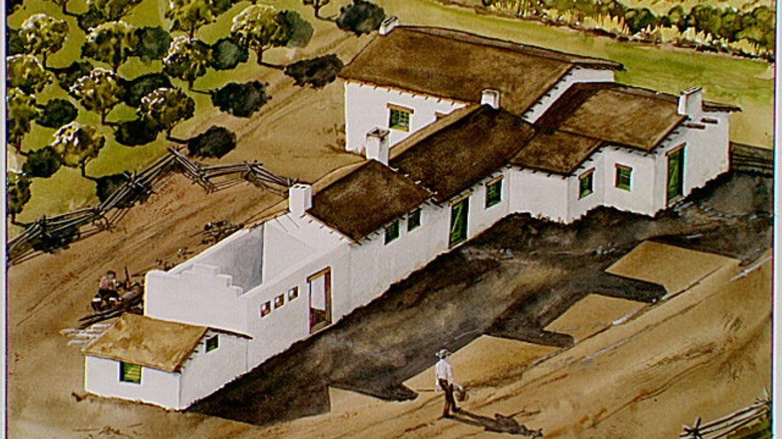 Artwork depicting a t-shaped building, a portion of which is missing a roof