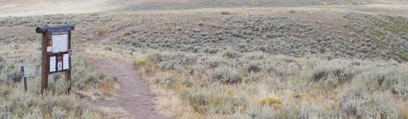 Trail heads past a wooden trailhead sign/bulletin board and out across a hilly sagebrush landscape.