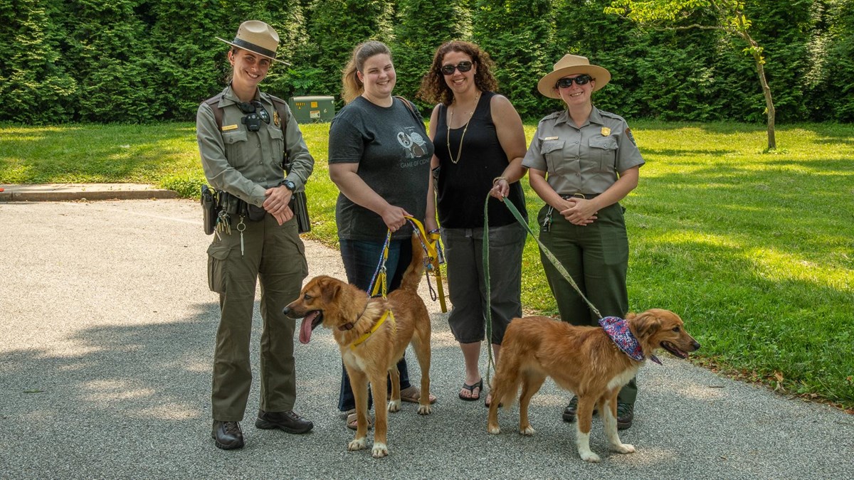 Two visitors with dogs on leashes pose with two park rangers.