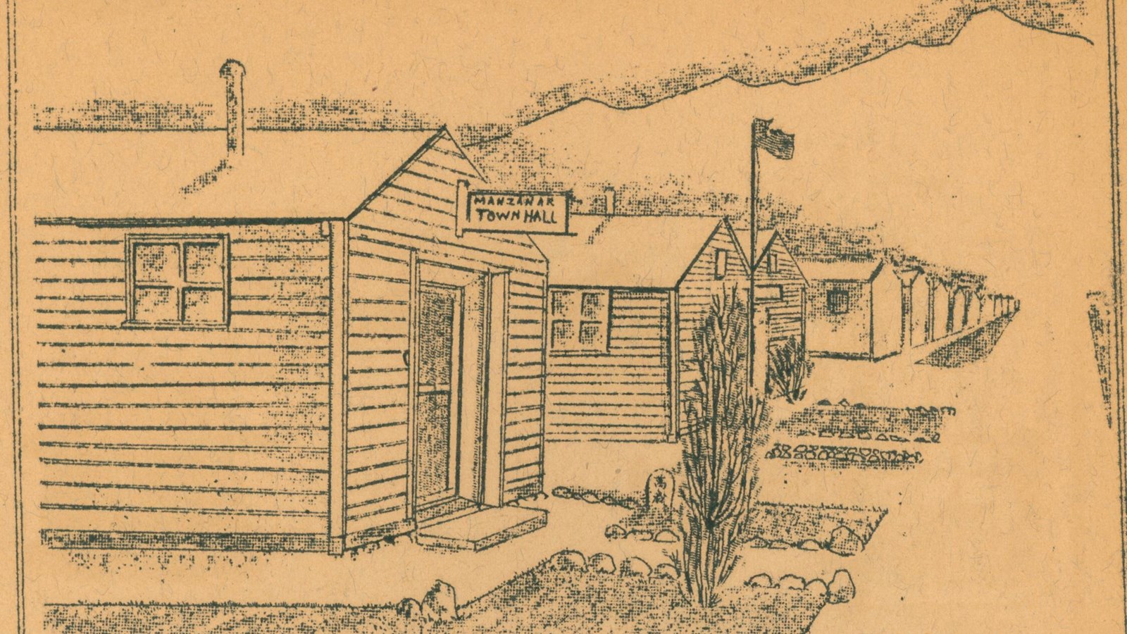 Pen sketch of barrack buildings lined up toward the Sierra Nevadas