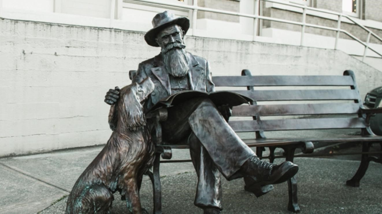 Color photograph of a statue of a man reading the newspaper with his dog while sitting at a bench