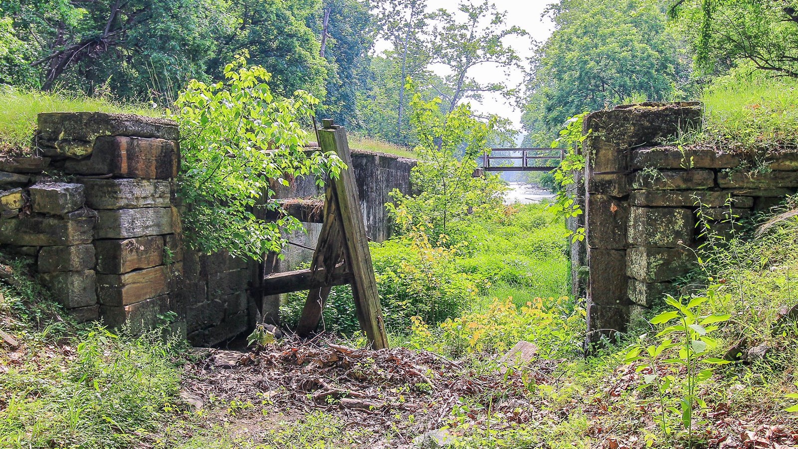 A look through a lock to the other side. The grass covered lock walls stand on the right and left. 