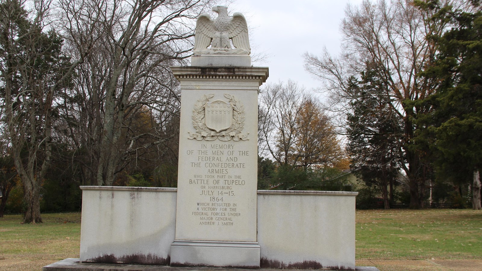 Granite monument with an eagle on the top commemorating the Battle of Tupelo