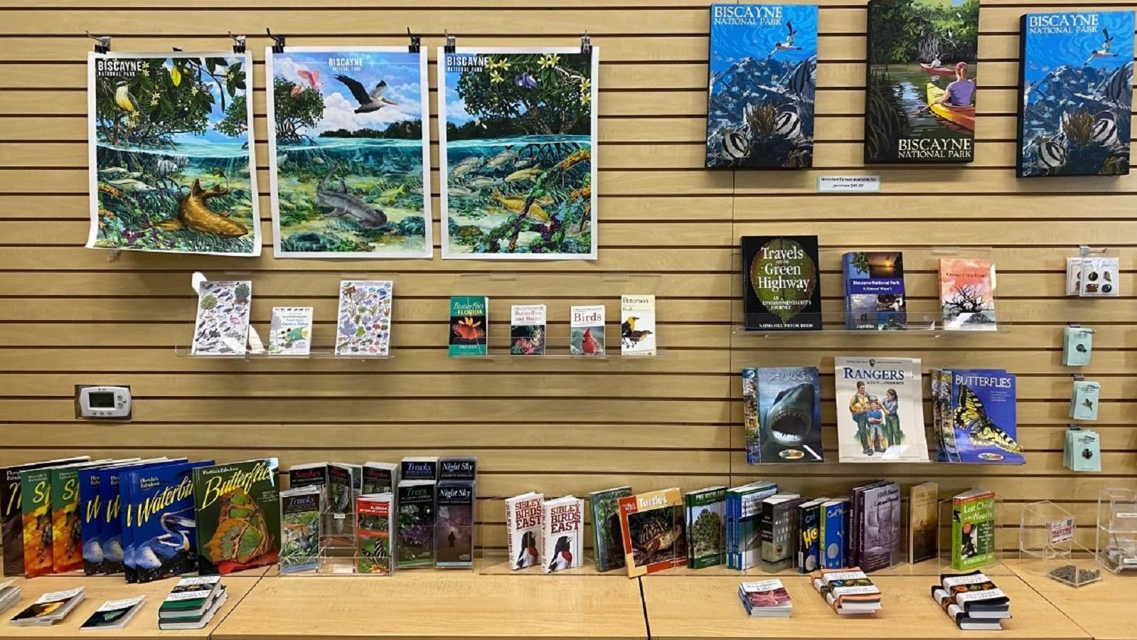 Posters, books, and wildlife guides displayed for sale