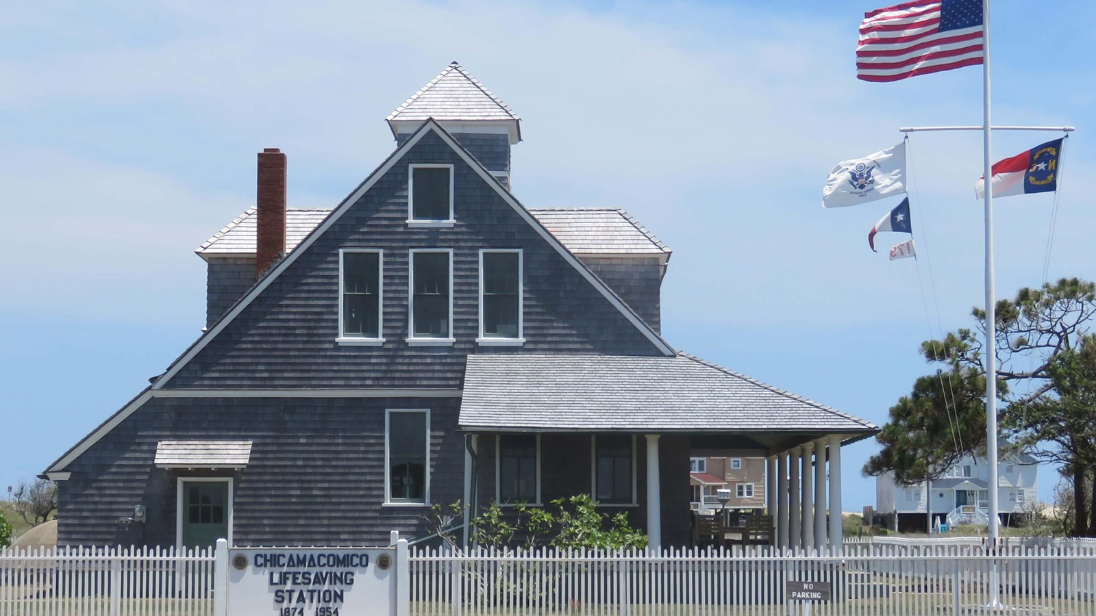 LIfe saving station bulding with flags