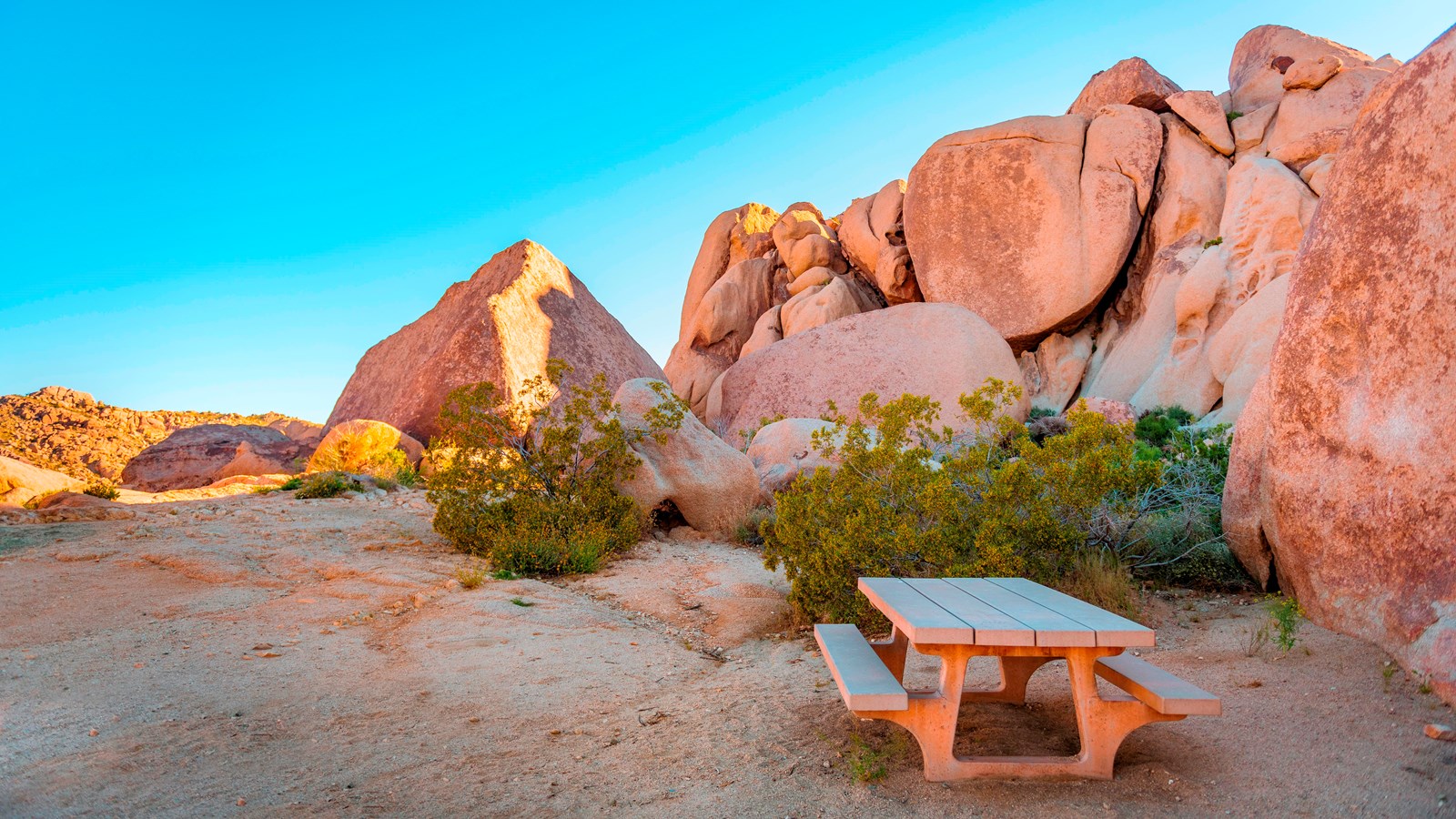 A picnic table in front of small shrubs and a rock formation.