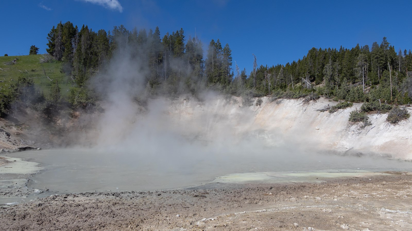 Steam rises off of a large mudpot at the base of a hill.