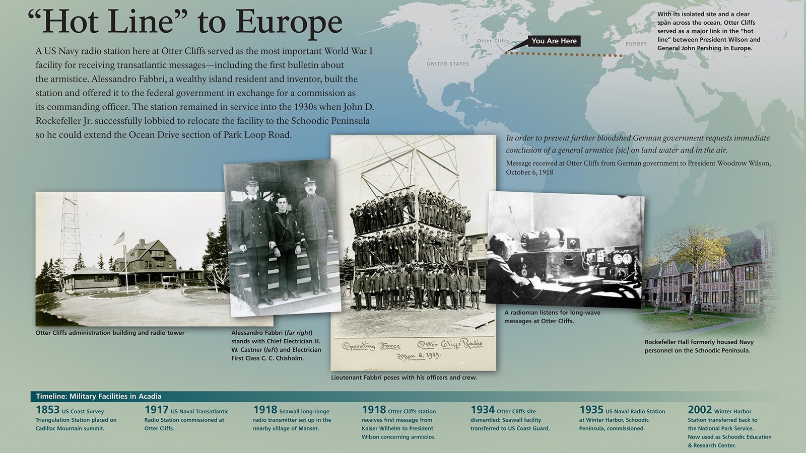 Title: Hot Line to Europe; Various historic photos of buildings and sailors posing.