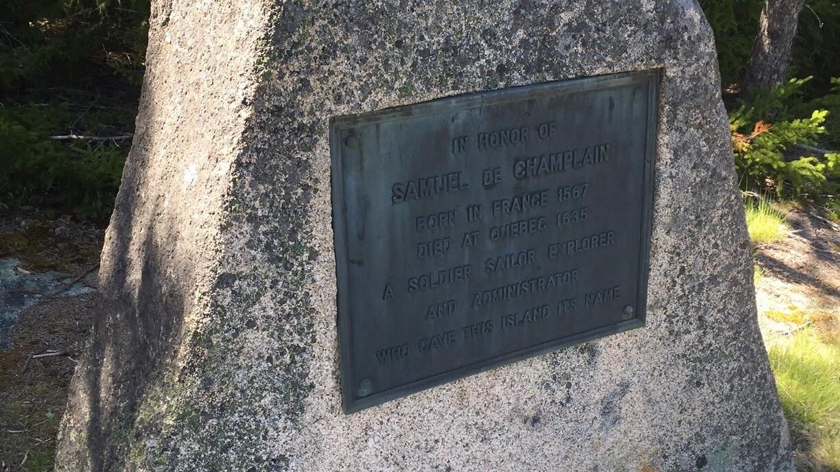 Bronze plaque on granite, inscription dedicated to Samuel de Champlain