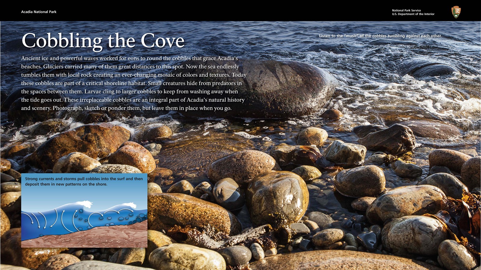 Title: Cobbling the Cove; Background image of waves crashing on cobblestones