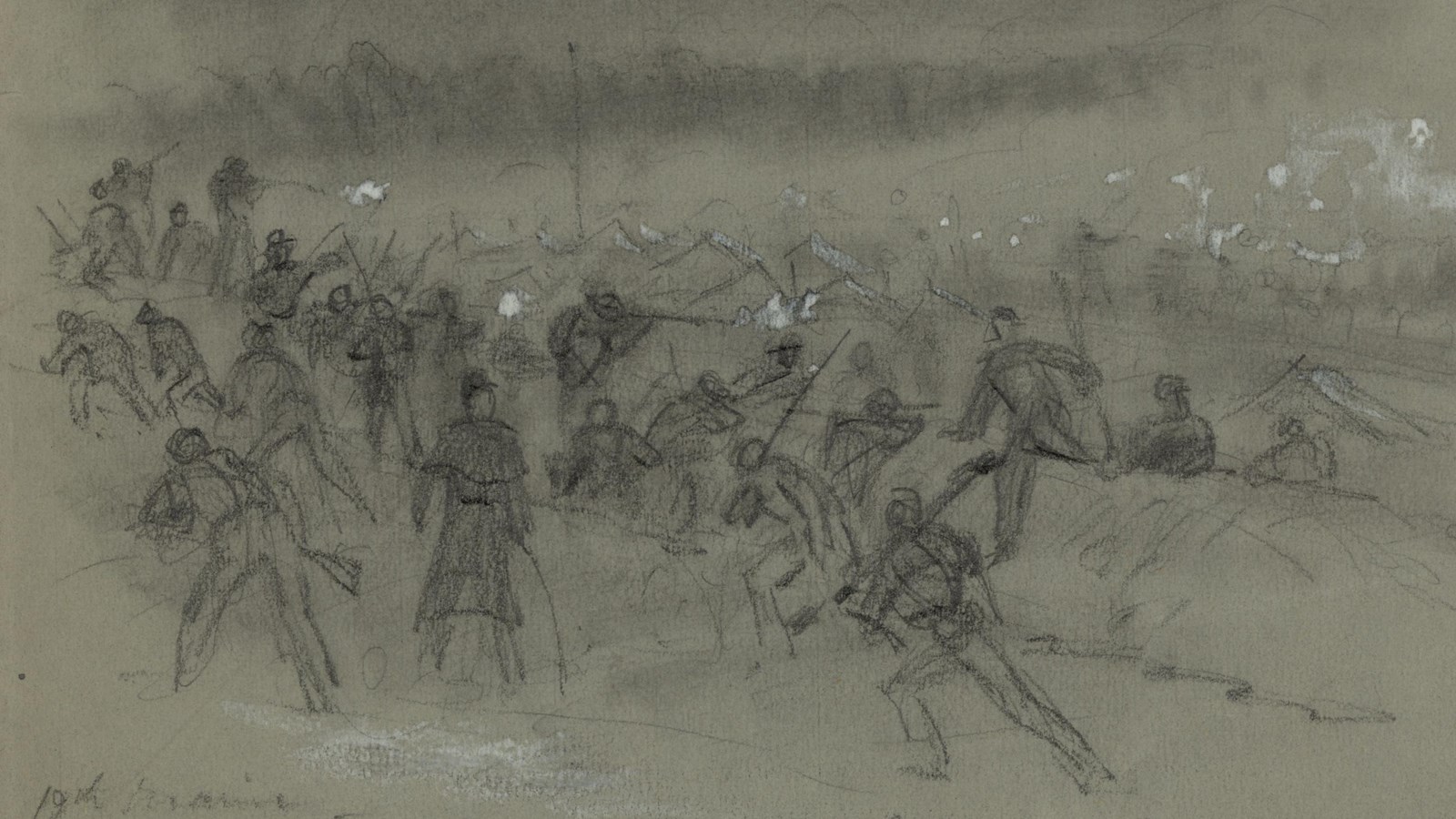 A drawing depicts soldiers evacuating their trenches during a battle.