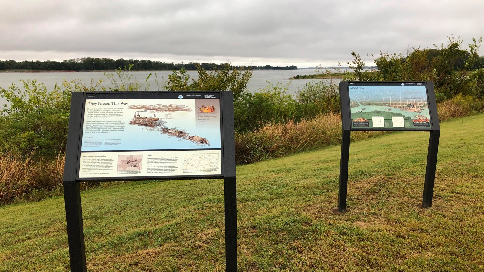 Two interpretive waysides on the bank of the Ohio River in Paducah Kentucky