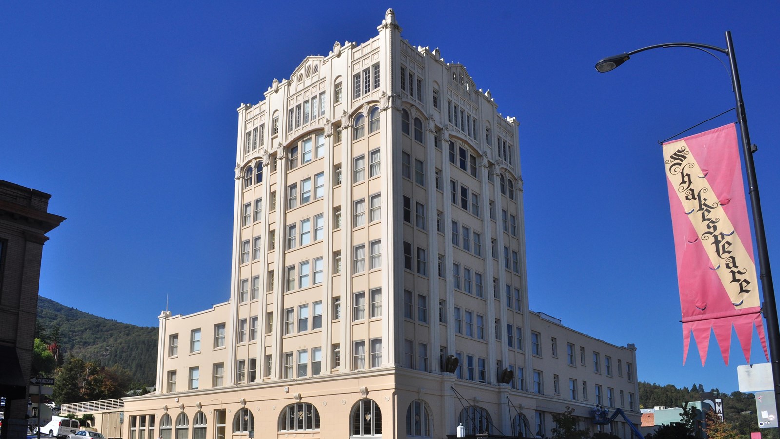 Tall art-deco building. 