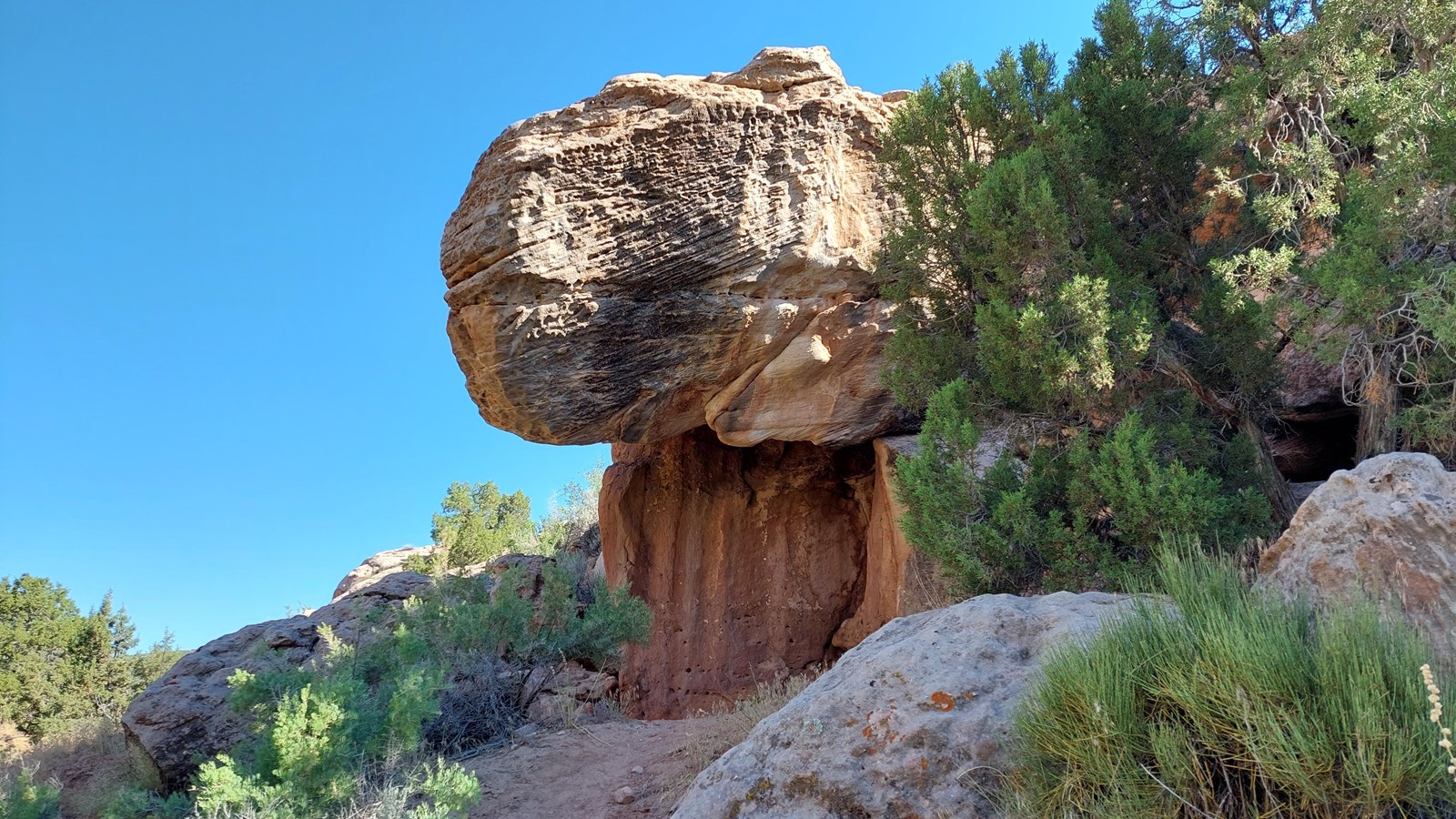 An overhanging sandstone rock formation which shades a small offshoot from a dirt trail.