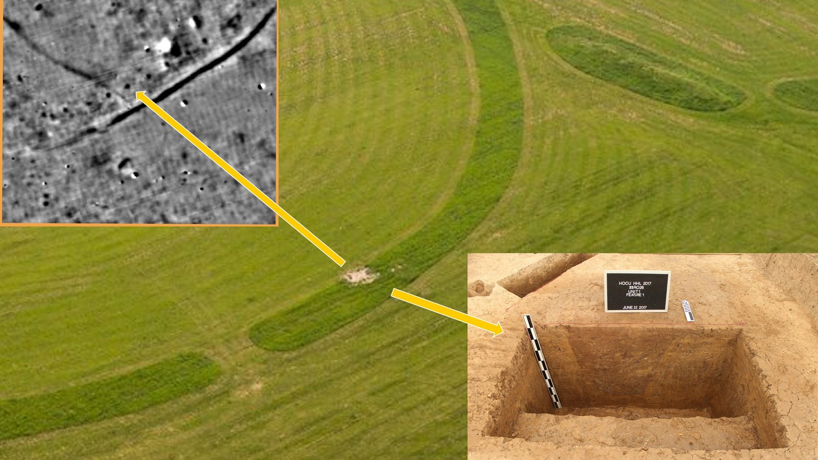 Magnetic data and excavated post hole pit. 