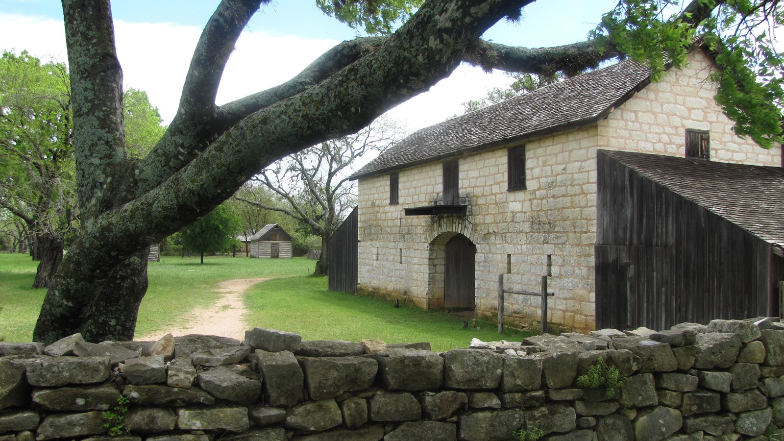 Beyond an old stone wall and tree branches is a large limestone barn with a shingled roof. a s