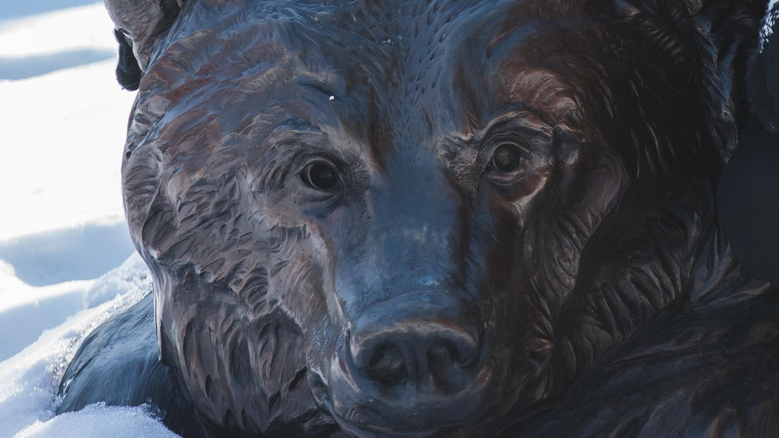 a man and woman smile for a photo while sitting atop a sculpture of a grizzly bear