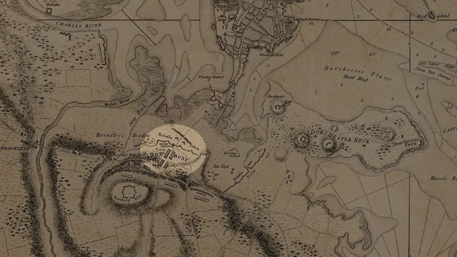 A 1778 map of Boston with fortifications in Roxbury highlighted and other fortifications identified.