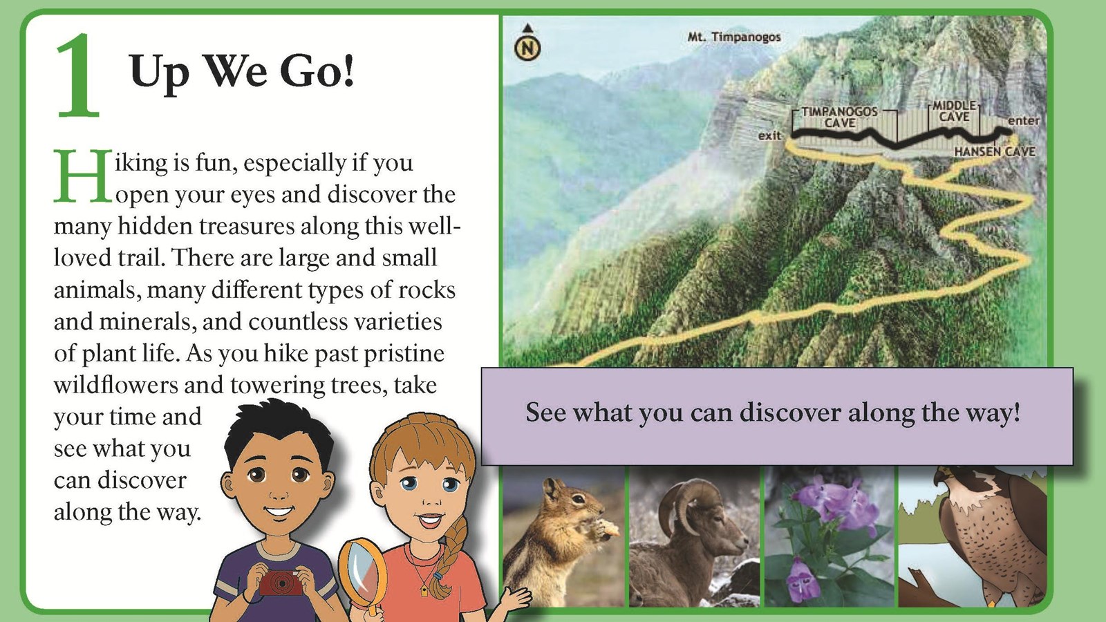 a boo page - an illustrated little girl and boy in front of a map of the mountain.