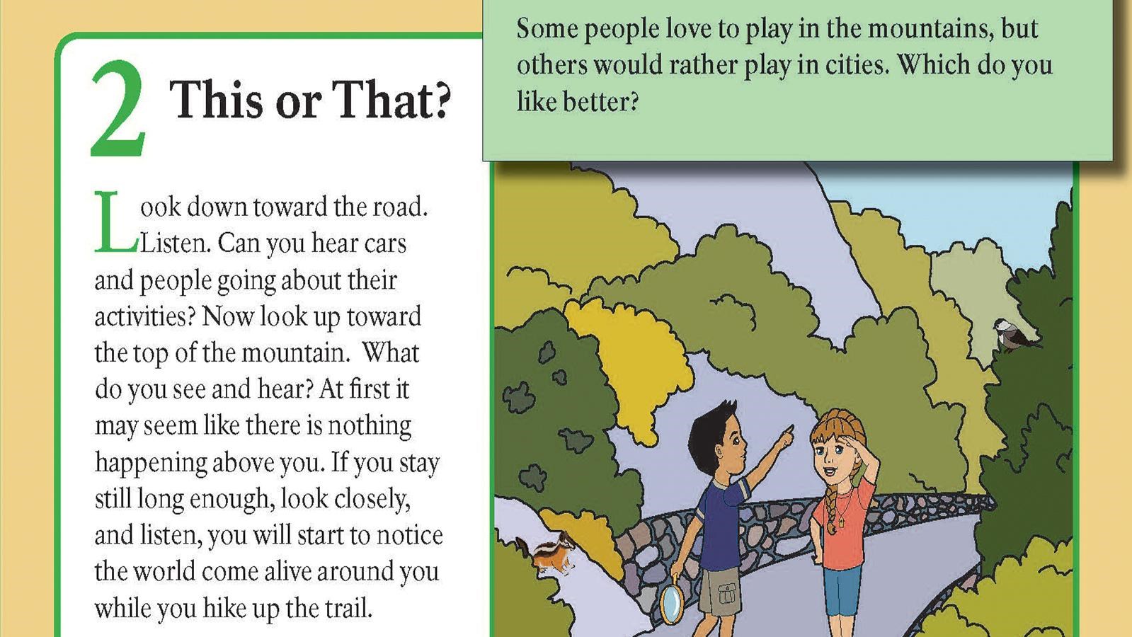 Illustrated little boy and girl walking on a paved path and pointing at birds.