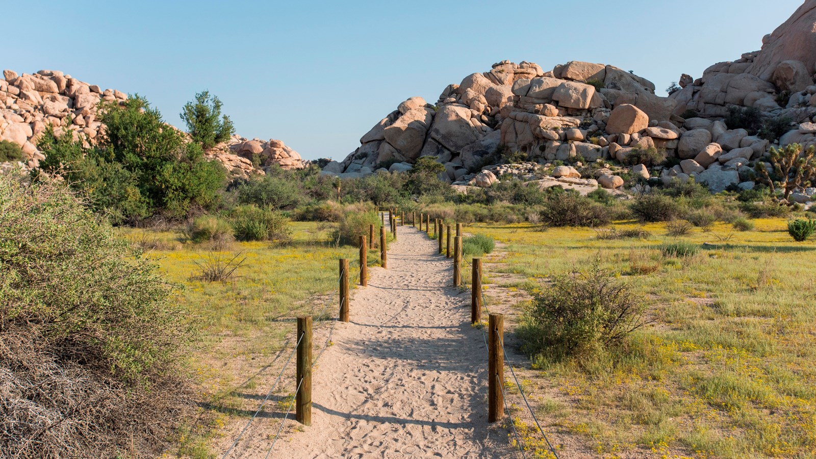 A dirt trail with wooden posts on either side leading towards rock formations in the distance.