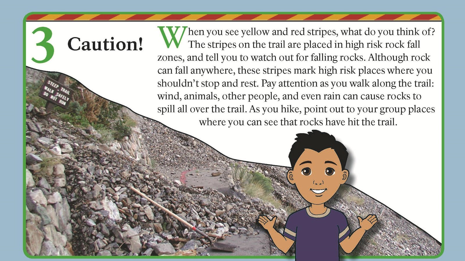 Illustrated little boy standing in front of a mountain slope covered with rockfall