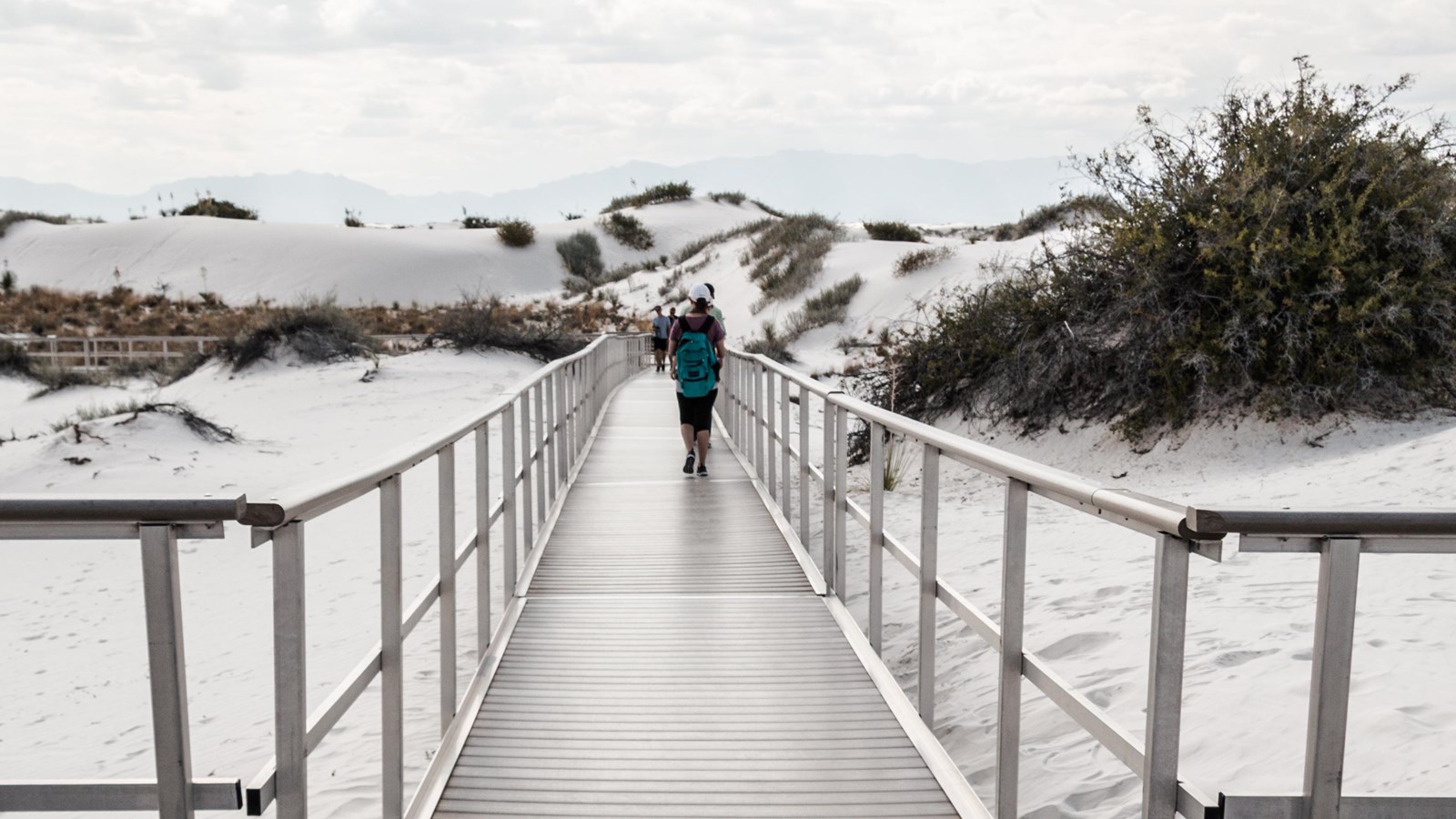 A visitor walking down the Interdune Boardwalk.