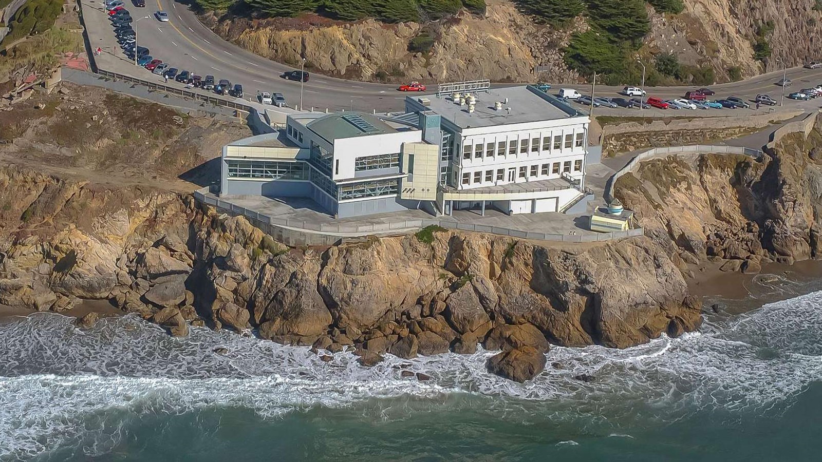 An aerial view of the Cliff House from the ocean.