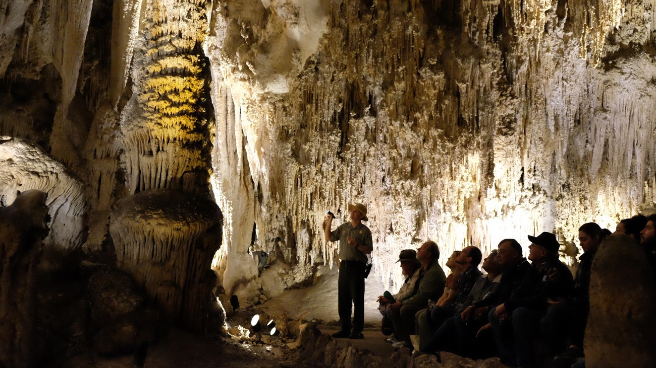 Photo of a ranger presenting a program to visitors along the King\'s Palace Tour.
