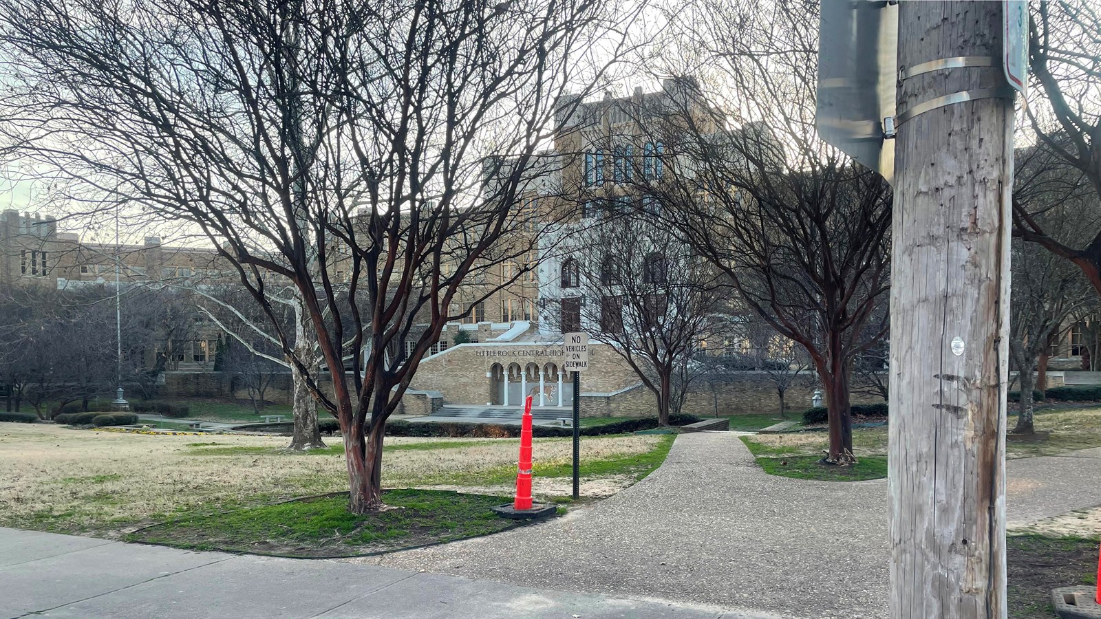 This junction of two sidewalks provides access to the sunken plaza or to the front entrance.