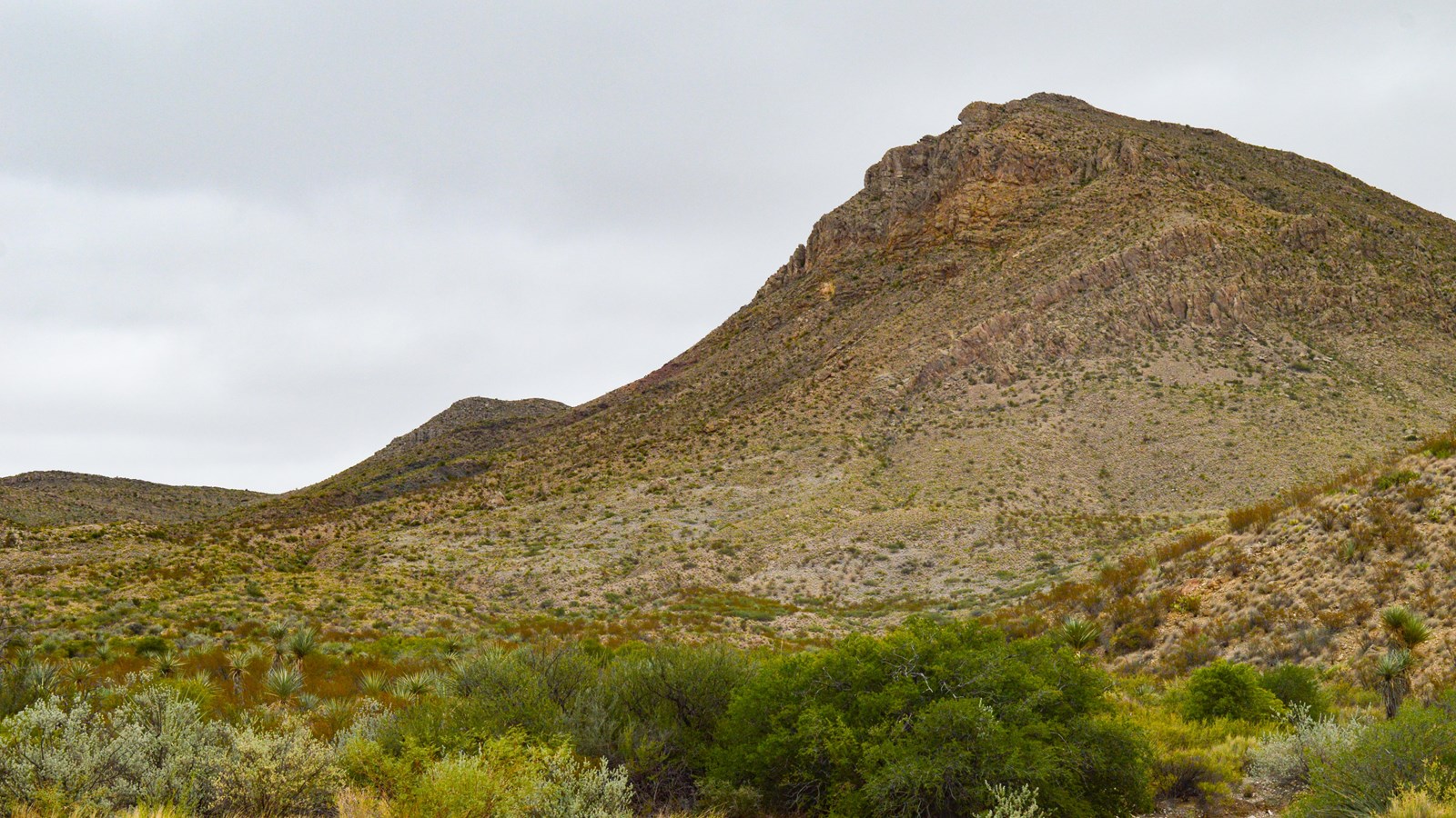 A mountain and line of cliffs stand out against a low desert landscape.