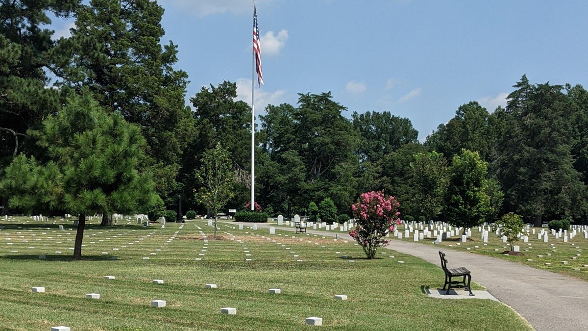 A sidewalk leads through a cemetery with small white headstones on either side.